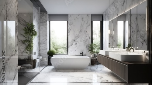 realistic bathroom interior design with marble panels. Bathtub  towels and other personal bathroom accessories. Modern glamour interior concept. Roof window. Template