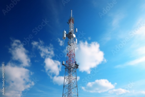 Telecommunication tower with blue sky background.