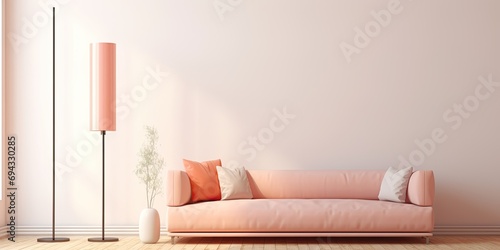 Simple living room with a peach lamp, beige couch, and pink rug, surrounded by plastic tubes, with copy space on white wall. photo