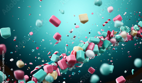 Sweet jelly candies, lollypops, and marshmello. Dessert party concept. 2D Illustration. photo