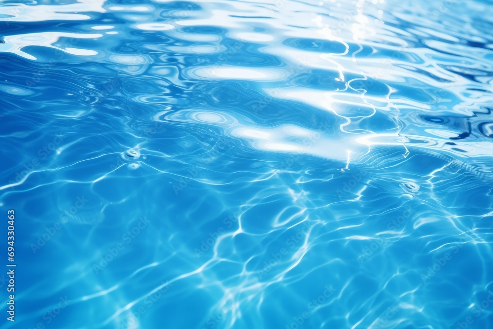 Blue water background with sun reflections and ripples in swimming pool.