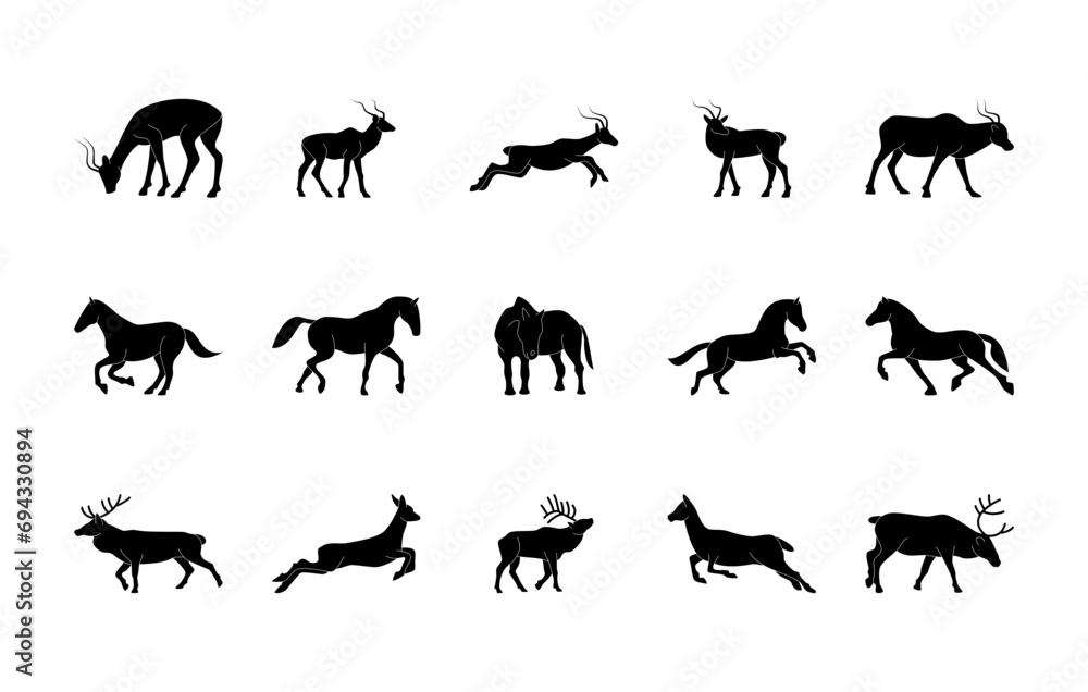 Obraz premium Animals silhouettes vector icons set. Isolated outline of animals gazelle, horse, deer on a white background. Vector animals symbol set.