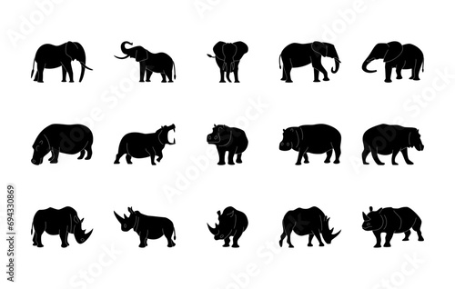 Animals silhouettes vector icons set. Isolated outline of animals elephant, hippopotamus, rhinoceros on a white background. Vector animals symbol set.