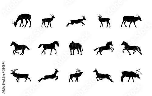 Animals silhouettes vector icons set. Isolated outline of animals gazelle, horse, deer on a white background. Vector animals symbol set.