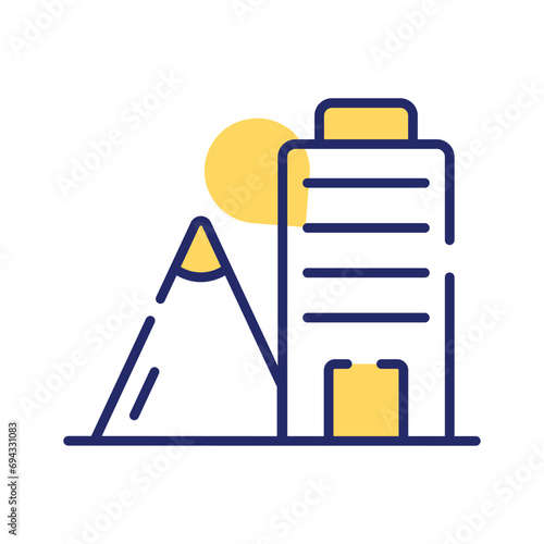Architectural building design in mountain area, concept icon of building