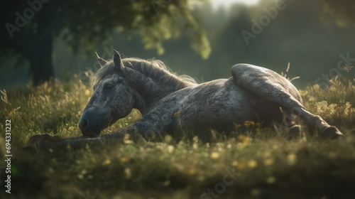 Illustration of a horse relaxing in the wild with other animals in the forest