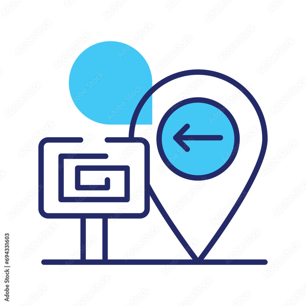 Directional arrow inside map pin with signboard showing concept icon of construction site Directional arrow inside map pin with signboard showing concept icon of construction site