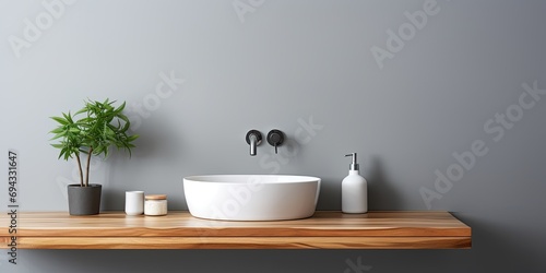 Minimalist modern bathroom with a white washbasin  faucet  wooden countertop  stylish grey wall  round mirror  copy space  and nobody.