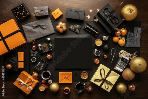 Top view of many gift boxes and decorations on the black background. Cyber Monday, Black Friday, Christmas sale background with copy space. Online holiday shopping concept.
