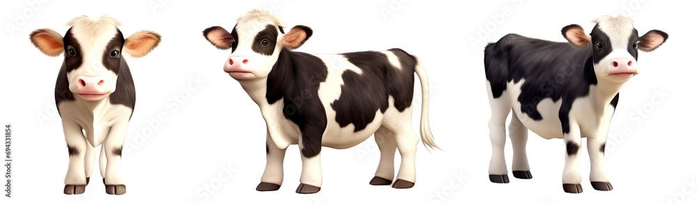 Group of 3d calf baby cow standing isolated on transparent or white background