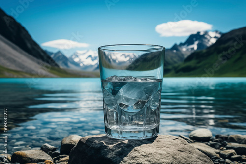 Glass of water with ice on a stone on nature mountain lake background