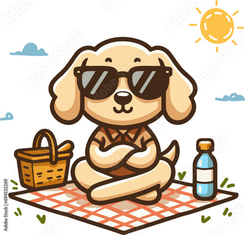 dog on a picnic meditating vector cartoon drawing illustration