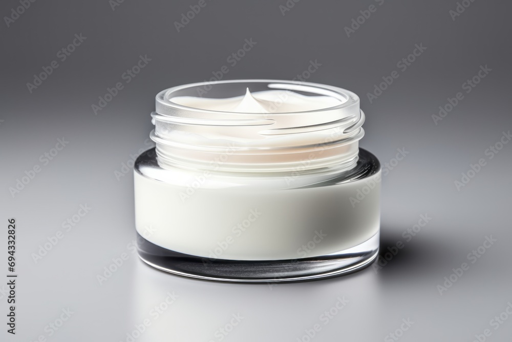 cosmetic cream in a jar on a gray background, beauty product, copy space cosmetic cream in a jar on a gray background, beauty product, copy space