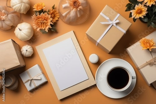 Top view of tablet, gift boxes, cups of coffee, flowers and decorations on beige background. Cyber Monday, Black Friday, Christmas sale background with copy space. Online holiday shopping concept.