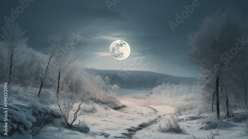 A winter landscape with a full moon photo