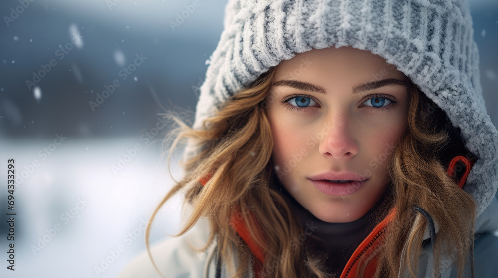 the gentle smiling face of a young blue-eyed woman model with long blonde hair wearing thick clothes and a winter hat is skiing the gentle smiling face of a young blue-eyed woman model with long blonde hair wearing thick clothes and a winter hat is skiing