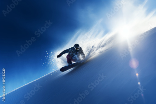 Man gliding down on snowboard on a steep slope photo