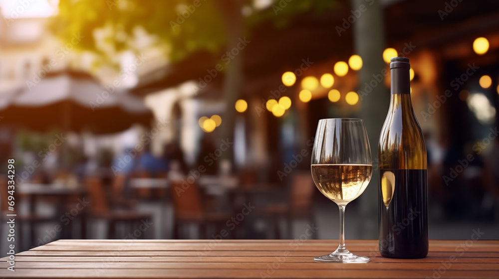 glass of wine and bottle on wooden table with blur background with lights of street bar restaurant, wine mock up