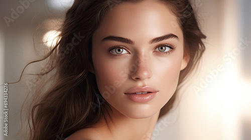 Beautiful smiling glamour and elegance female skin care model with smooth and flawless skin, bright smile, long healthy hair and bright eyes created with Generative AI Technology 