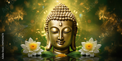glowing golden buddha head with halo chakra around head, nature green background with 3d flowers