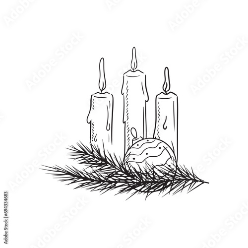 Three beautiful candles with a pine branch and Christmas tree ball toy in black isolated on white background. Hand drawn vector sketch illustration in doodle vintage engraved style. Merry christmas.