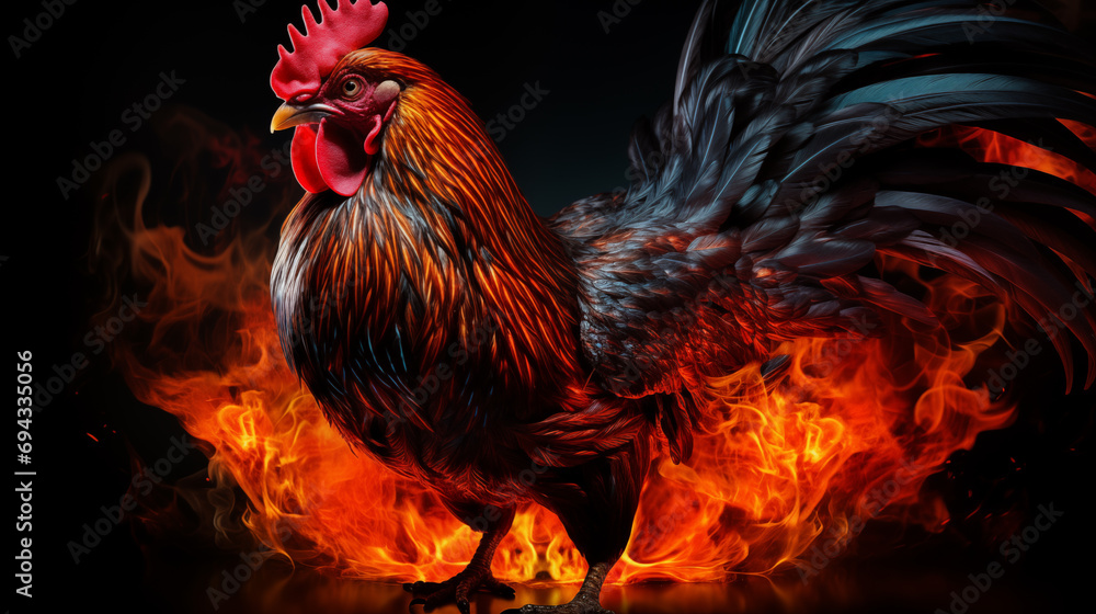Black rooster standing on fire background, on black background