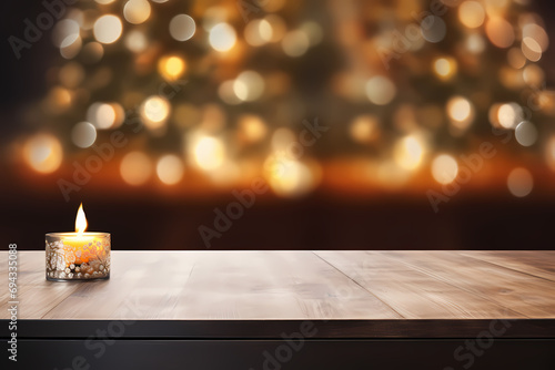 Wood table with blurry background and candle