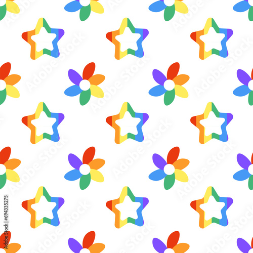 Seamless Pattern with LGBT Rainbow stars and flowers. LGBTQ. Symbol of the LGBT pride community. Vector illustration.