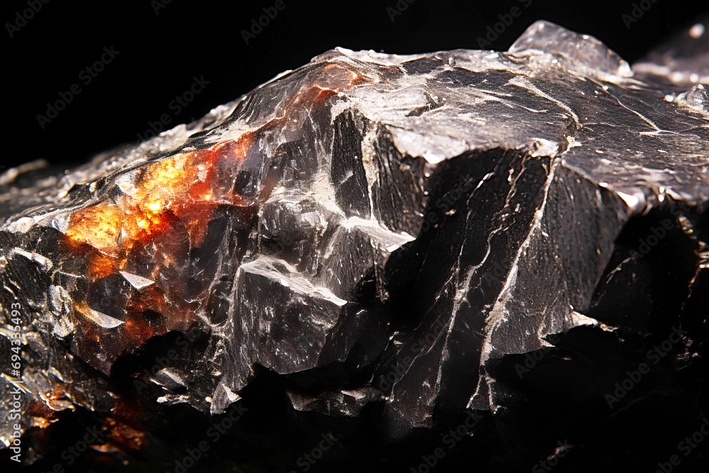 Asisite is a rare precious natural stone on a black background. AI generated. Header banner mockup with space.
