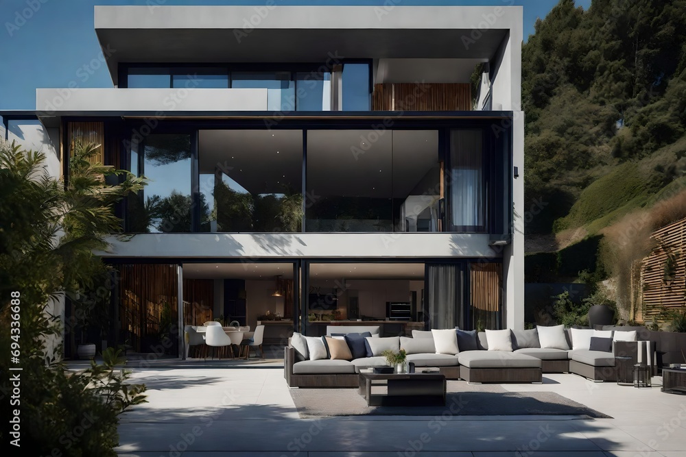 **exterior of a modern house from the patio, looking in to the main living space.