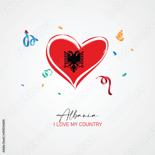 Albania flag with a heart shape, with I love my country slogan for Albania Independence Day. Vector illustration.