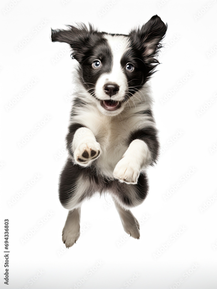 Border Collie puppy with happy face jumping pose isolated on white background created with Generative AI Technology