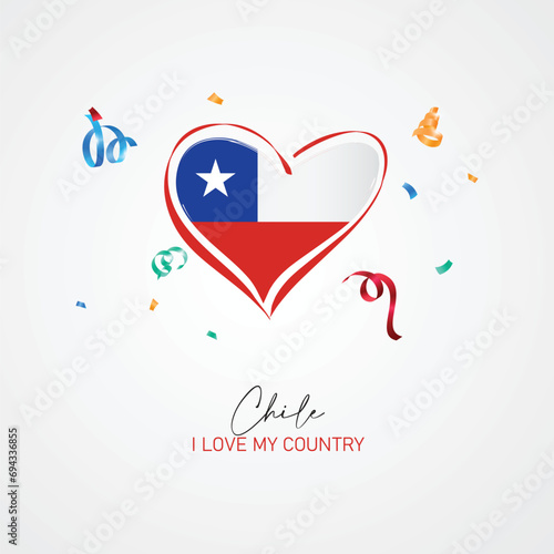 Chile flag with a heart shape, with I love my country slogan for Chile Independence Day. Vector illustration.