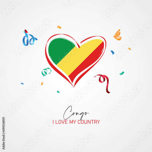 Congo flag with a heart shape, with I love my country slogan for Congo Independence Day. Vector illustration.