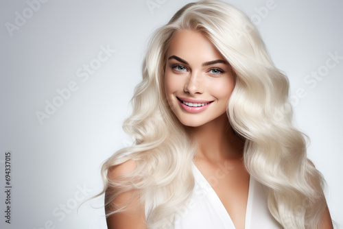 Young smiling woman with long hair on white background. Glossy wavy white hair, copy space 