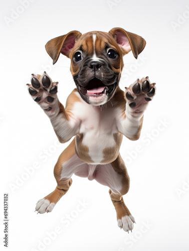 Boxer puppy with happy face jumping pose isolated on white background created with Generative AI Technology 