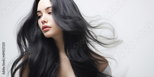 Young woman with long black hair on white background. Glossy wavy white hair, copy space 