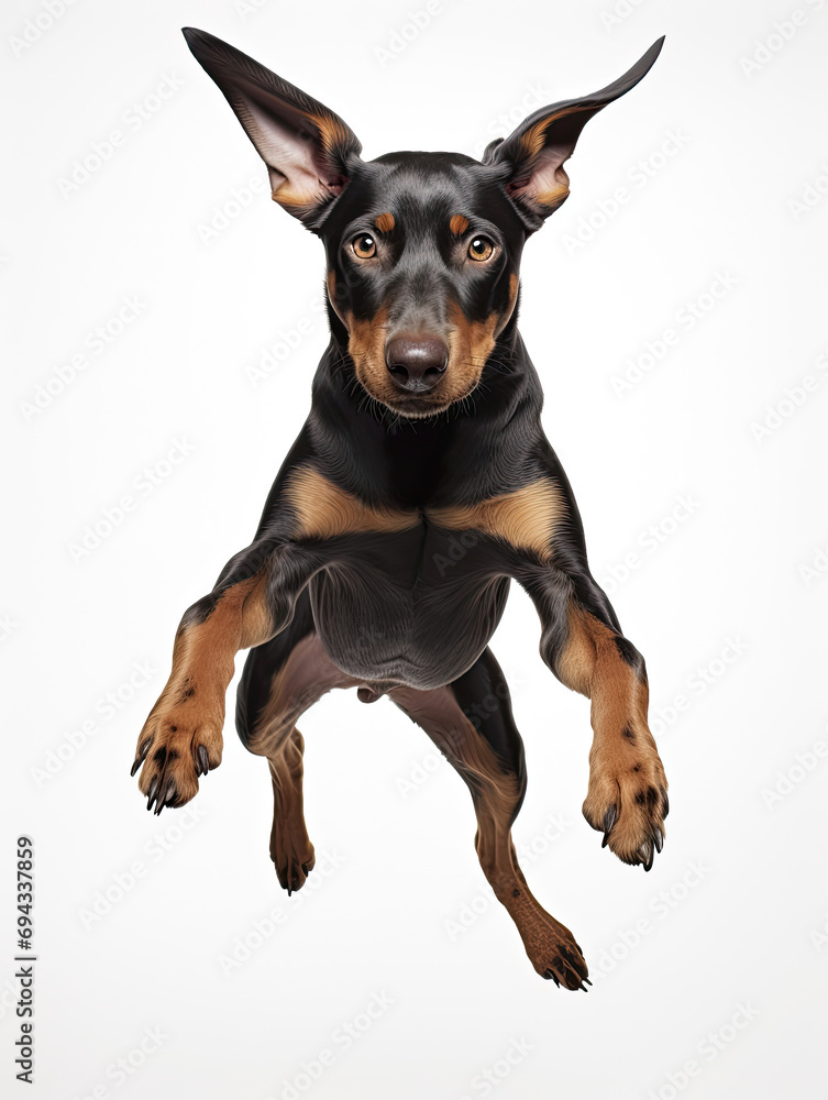 Doberman Pinscher puppy with happy face jumping pose isolated on white background created with Generative AI Technology