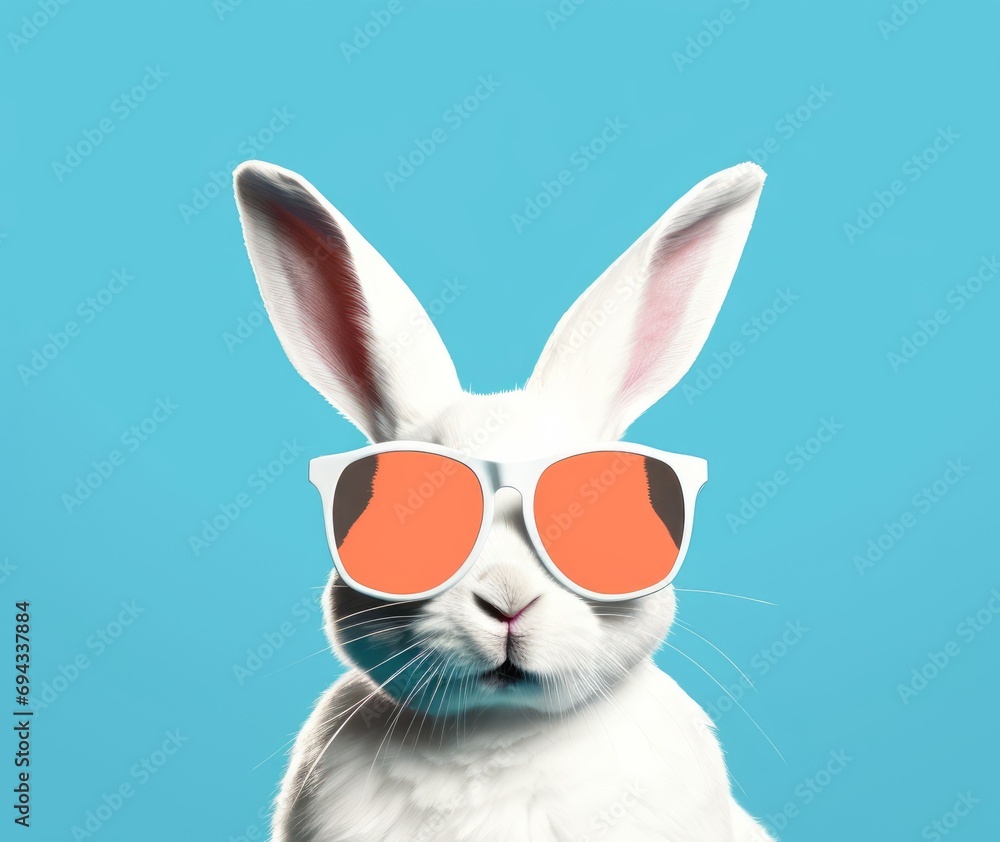 Abstract clip-art of White Rabbit wearing trendy sunglasses. Contemporary pastel blue background. Copy space. Easter minimalism. For Easter scrapbooking posters planners, landing page. Generative AI 