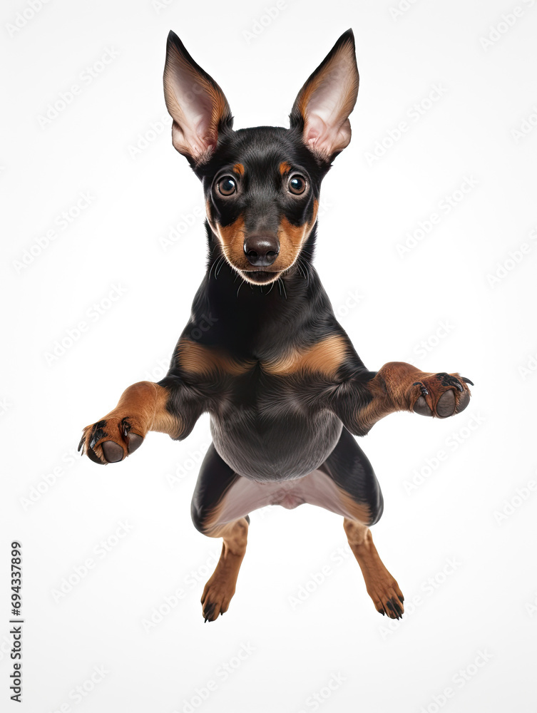 Doberman Pinscher puppy with happy face jumping pose isolated on white background Doberman Pinscher puppy with happy face jumping pose isolated on white background