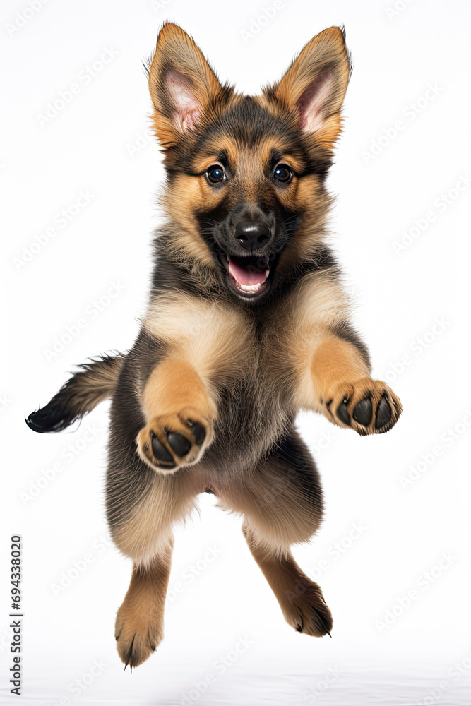 German Shepherd puppy with happy face jumping pose isolated on white background created with Generative AI Technology