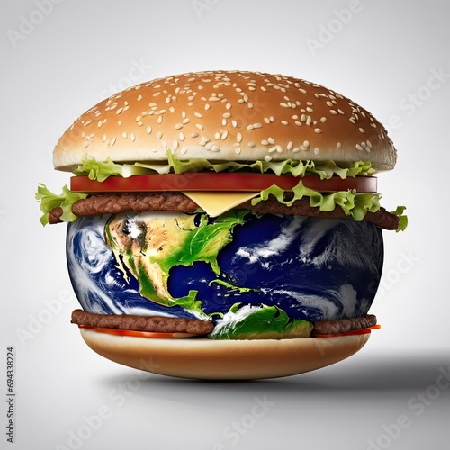 An image of Earth encased in a giant hamburger bun, with the planet's surface resembling a patty.