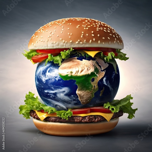 An image of Earth encased in a giant hamburger bun, with the planet's surface resembling a patty.