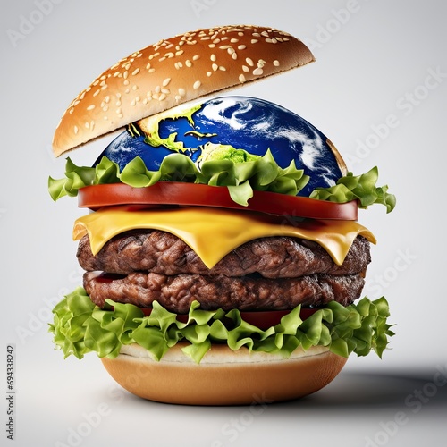 An image of Earth encased in a giant hamburger bun, with the planet's surface resembling a patty.