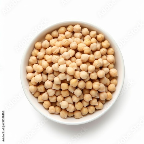 Raw chickpea beans in white bowl isolated on white. Top view, Generative AI 