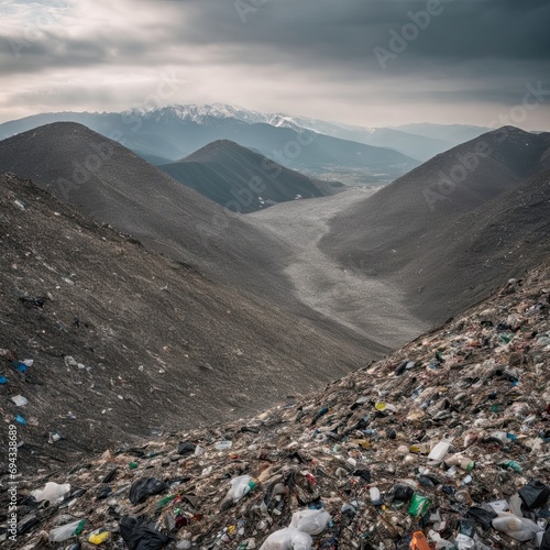 A close-up, detailed view of a landfill, with mountains of garbage extending as far as the eye can see.