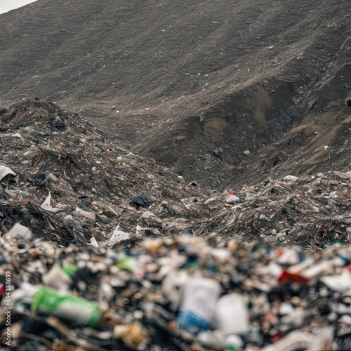 A close-up, detailed view of a landfill, with mountains of garbage extending as far as the eye can see.