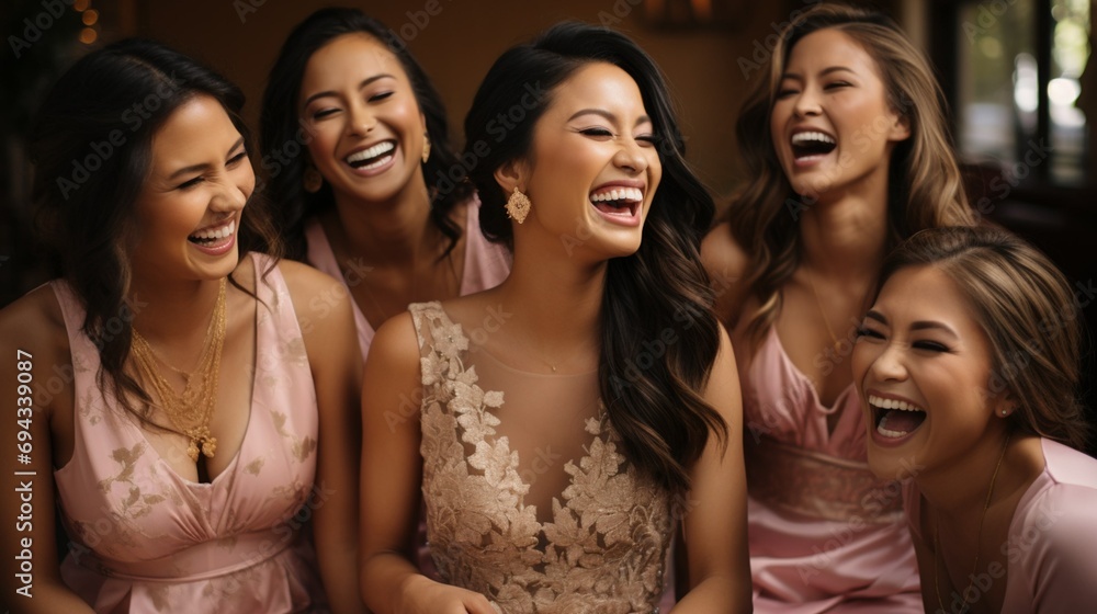 Bride getting ready with her bridesmaids, sharing joyful moments Bride getting ready with her bridesmaids, sharing joyful moments