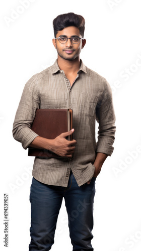 Young Indian male student wearing casual clothes and glasses holding book going to college in cool pose isolated on white background created with Generative AI Technology