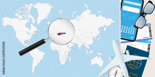 Photography Slovakia is magnified over a World Map, illustration with airplane, passport, boarding pass, compass and eyeglasses